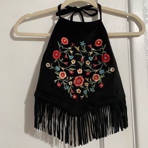 Fringe embroidered halter top